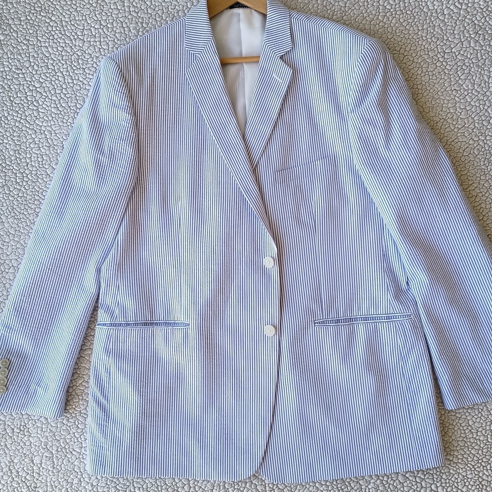 Mens Blazer Mens Sport Coat Saddlebred Seersucker Blazer Blue Striped Size 46R
